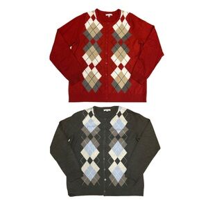 Croft & Barrow Women Gray/Red Argyle ButtonDown Cardigan Sweater L Retro/Classic